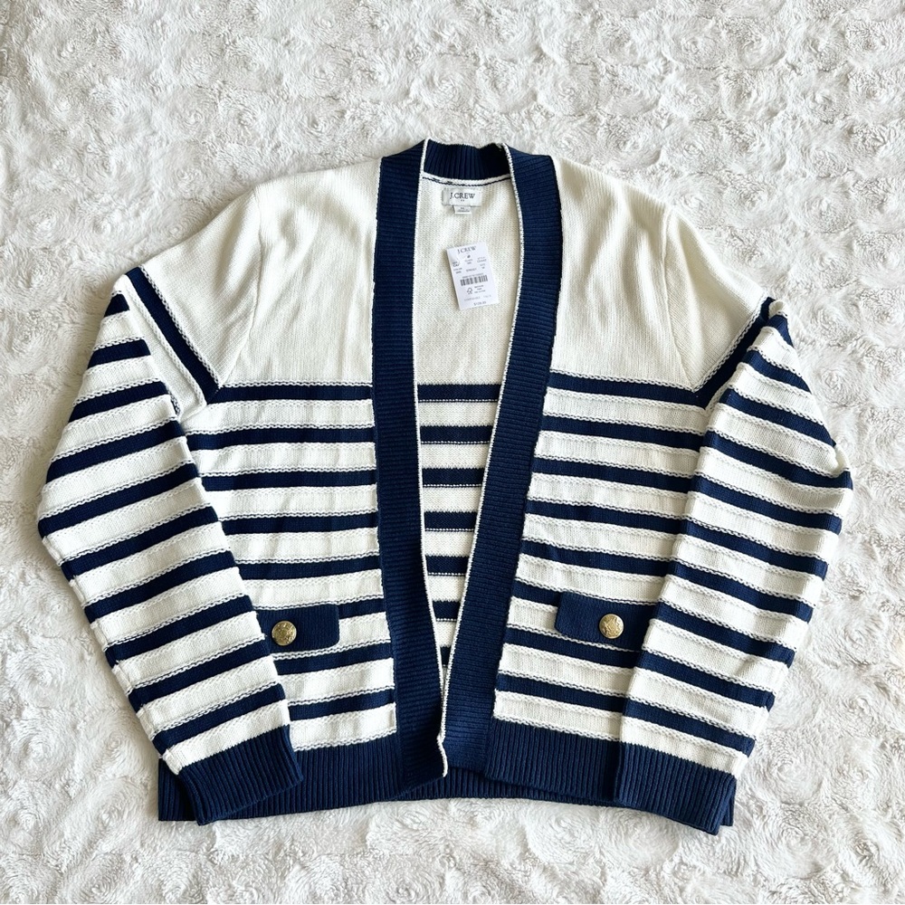 J Crew Cardigan Sweater Womens Medium Ivory Striped Open Front Knit Nautical NWT